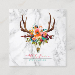 WATERCOLOR FLOWERS, BOHO SKULL+ARROW+MARBLE SQUARE BUSINESS CARD