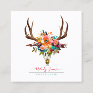 WATERCOLOR FLOWERS, BOHO SKULL+ARROW SQUARE BUSINESS CARD