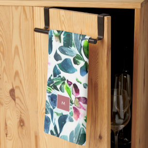 Watercolor flowers botanical monogrammed tea towel