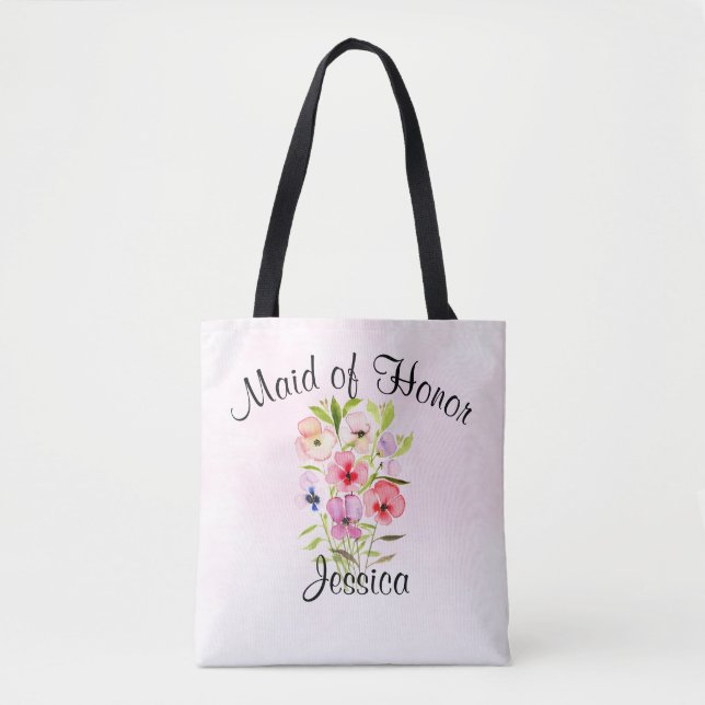 Watercolor Flowers Bouquet Maid of Honour Wedding Tote Bag (Front)