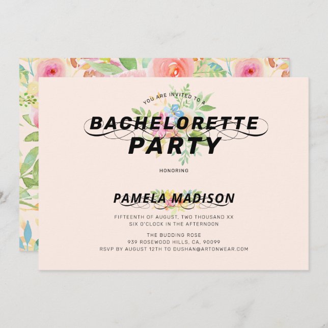 Watercolor flowers bouquet & modern typography invitation (Front/Back)