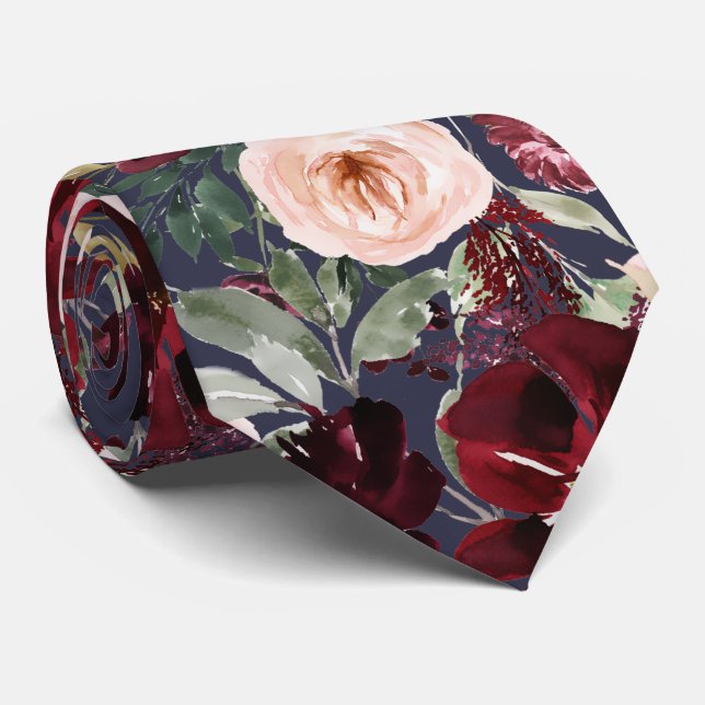 Watercolor Flowers Burgundy Blush Navy Neck Tie (Rolled)