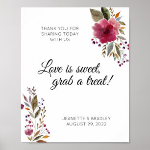 Watercolor Flowers Burgundy Greenery Candy Buffet Poster