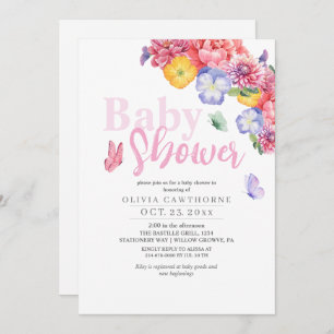 Watercolor Flowers Butterfly Baby Girl Shower  Invitation