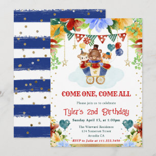 Watercolor Flowers Circus Animals Kids Birthday Invitation