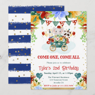 Watercolor Flowers Circus Animals Kids Birthday Invitation