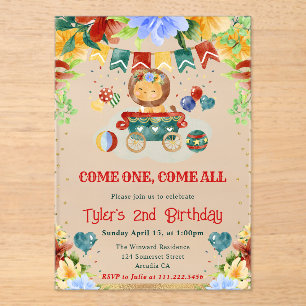 Watercolor Flowers Circus Lion Kids Birthday Acrylic Invitations