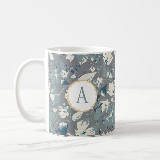 Watercolor Flowers Clematis Grey Blue Monogram  Coffee Mug (Left)