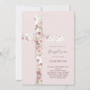 watercolor flowers cross Baptism Invitation