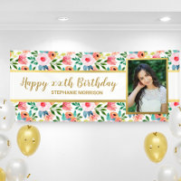 Watercolor Flowers, Custom Photo Text Birthday