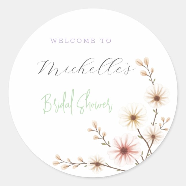 Watercolor Flowers Cute Bridal Shower  Classic Round Sticker (Front)
