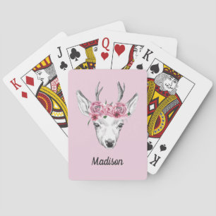 Watercolor Flowers Deer Add Your Name Playing Cards