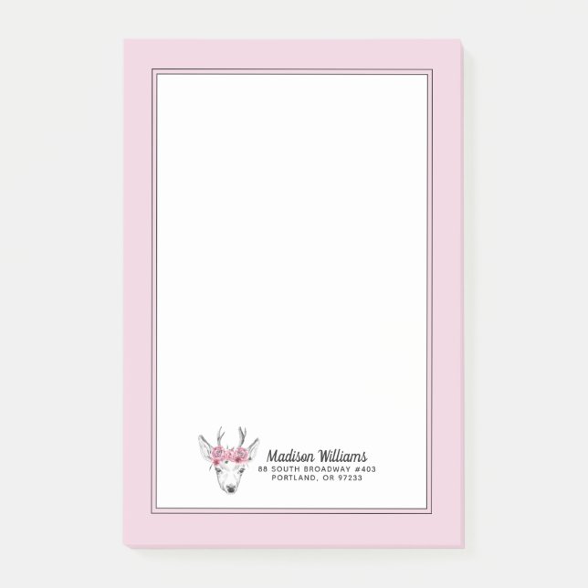 Watercolor Flowers Deer | Add Your Name Post-it Notes (Front)