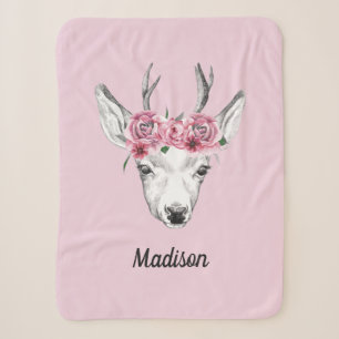 Watercolor Flowers Deer Add Your Name Sherpa Blanket