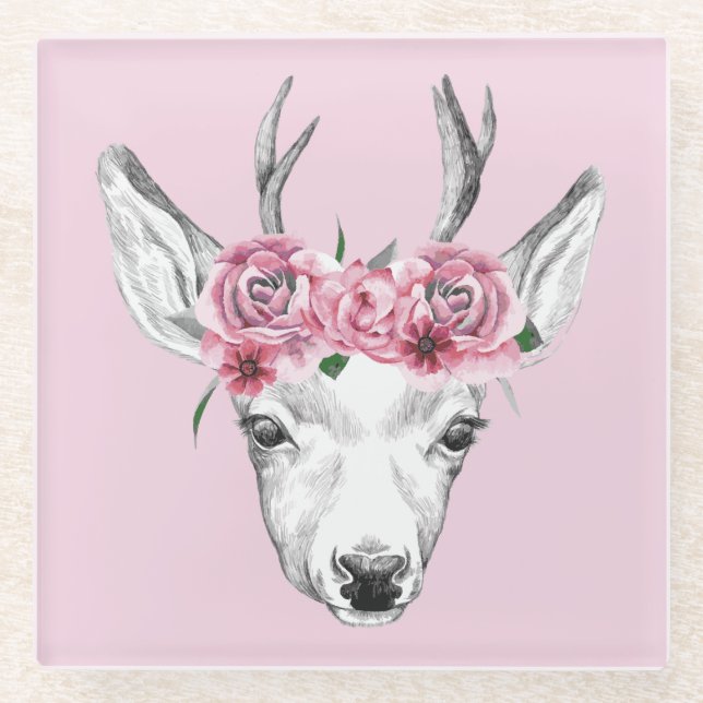 Watercolor Flowers Deer Glass Coaster (Front)