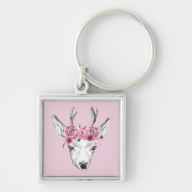 Watercolor Flowers Deer Key Ring (Front)