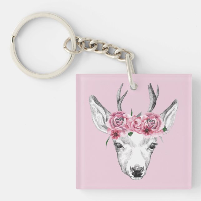 Watercolor Flowers Deer Key Ring (Front)
