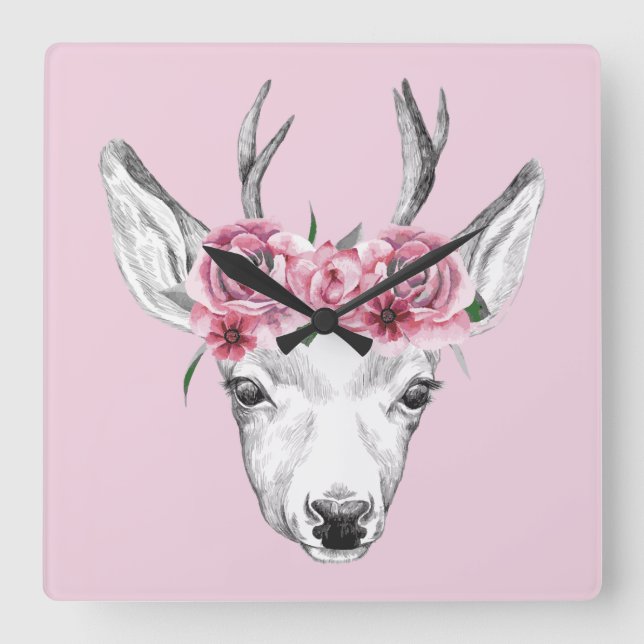 Watercolor Flowers Deer Square Wall Clock (Front)