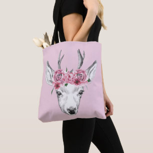 Watercolor Flowers Deer Tote Bag