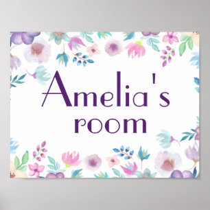 Watercolor flowers door sign, children' room sign