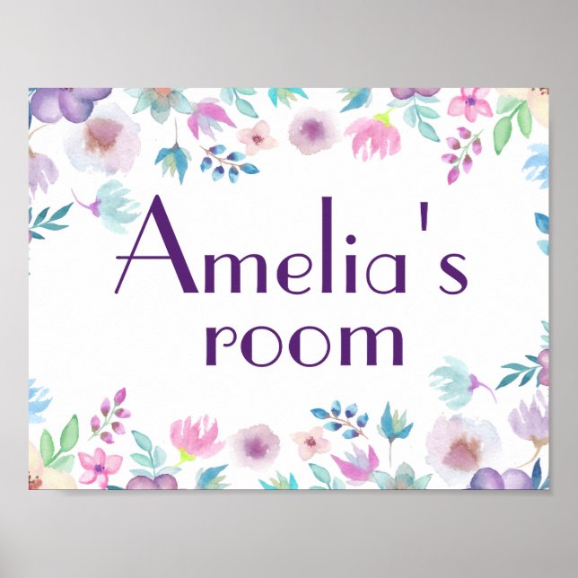 Watercolor flowers door sign, children' room sign (Front)