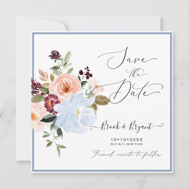 Watercolor Flowers Dusty Blue Blush Save the Date Invitation (Front)