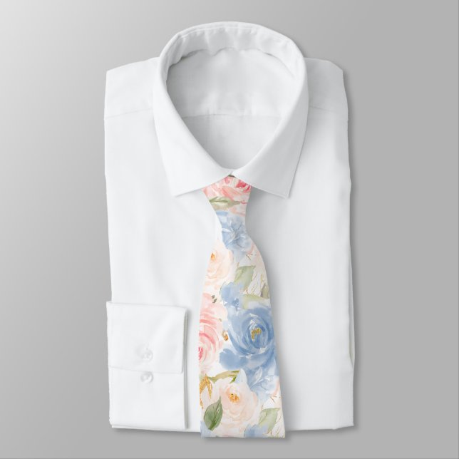 Watercolor Flowers Dusty Blue Dusty Pink Roses   Tie (Tied)