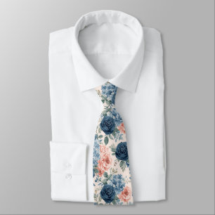 Watercolor Flowers Dusty Blue Navy Roses Tie