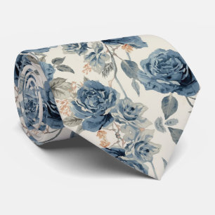 Watercolor Flowers Dusty Blue Navy Roses Tie