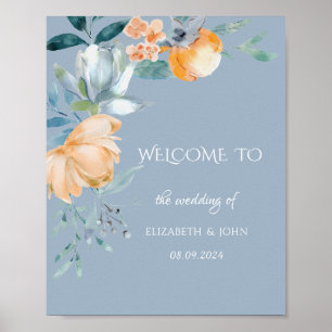 Watercolor Flowers Dusty Blue Poster