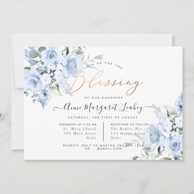 Watercolor Flowers Dusty Blue Roses Blessing Invitation (Front)