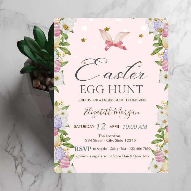Watercolor Flowers Eggs Bunny Ears  Invitation (Creator Uploaded)