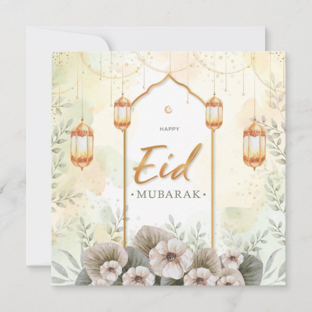 Watercolor Flowers Eid Mubarak Holiday Card (Front)