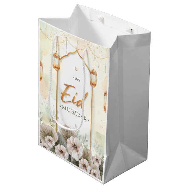 Watercolor Flowers Eid Mubarak Medium Gift Bag (Front Angled)