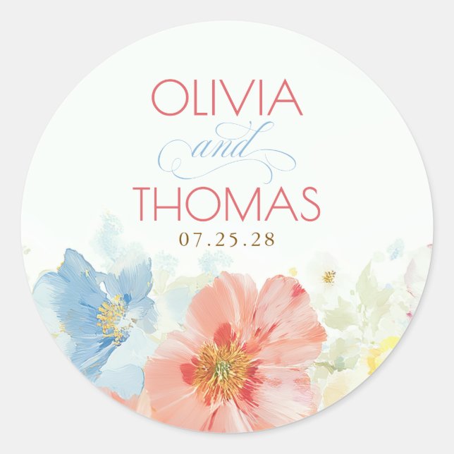 Watercolor Flowers Elegant Boho Wedding Classic Round Sticker (Front)