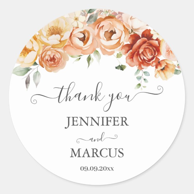 Watercolor Flowers Elegant Botanical Thank You Classic Round Sticker (Front)