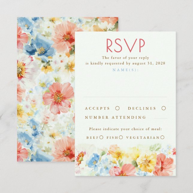 Watercolor Flowers Elegant Wedding RSVP Card (Front/Back)