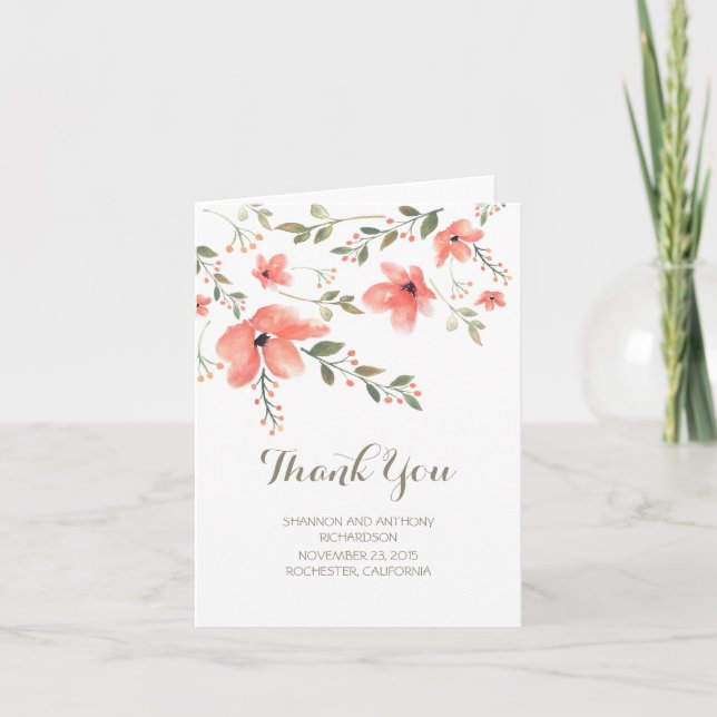 watercolor flowers elegant wedding thank you card (Front)