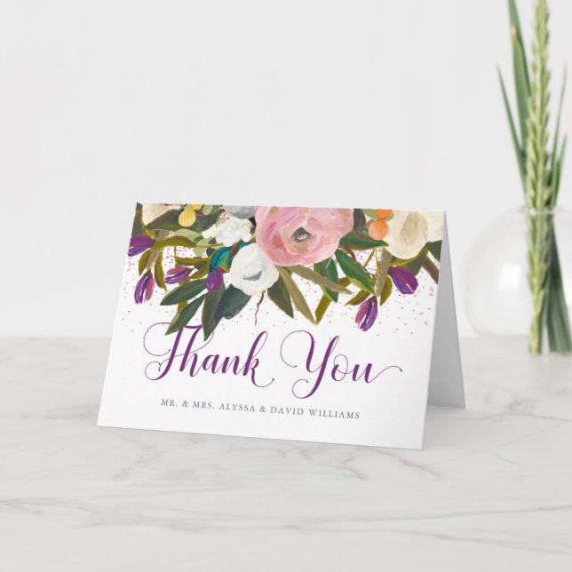 Watercolor Flowers | Faux Glitter Thank You Card (Front)