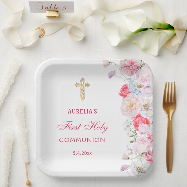 Watercolor Flowers First Communion Paper Plate (Wedding)