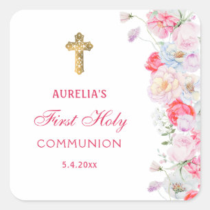 Watercolor Flowers First Communion Square Sticker