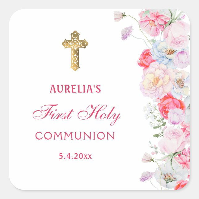 Watercolor Flowers First Communion Square Sticker (Front)