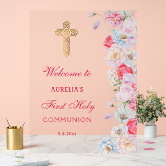 Watercolor Flowers First Communion Welcome Acrylic Sign
