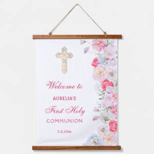 Watercolor Flowers First Communion Welcome Hanging Tapestry