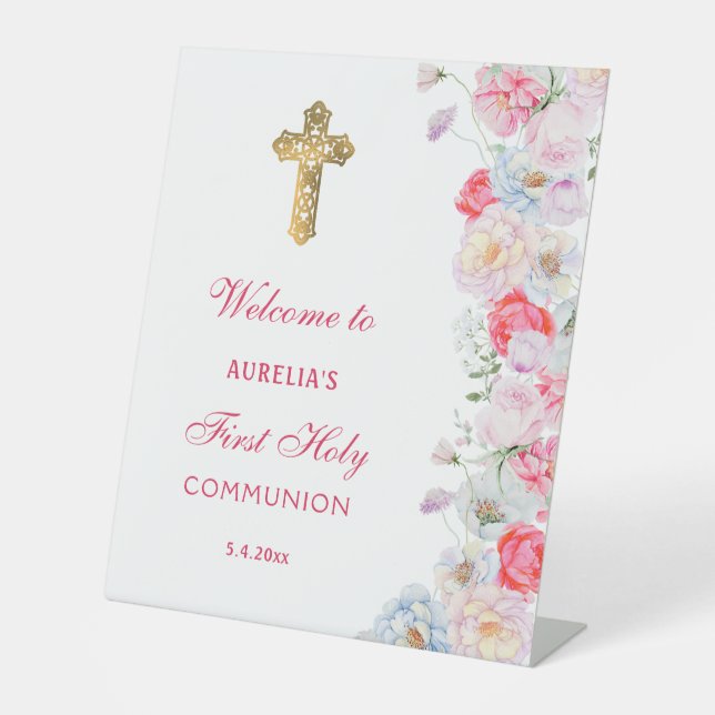 Watercolor Flowers First Communion Welcome Pedestal Sign (Front)