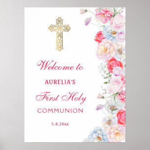 Watercolor Flowers First Communion Welcome Poster