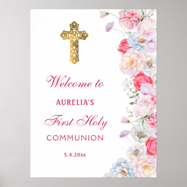 Watercolor Flowers First Communion Welcome Poster (Front)