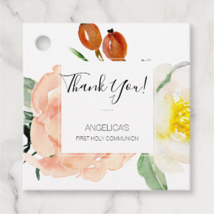 Watercolor Flowers First Holy Communion Thank You Favour Tags