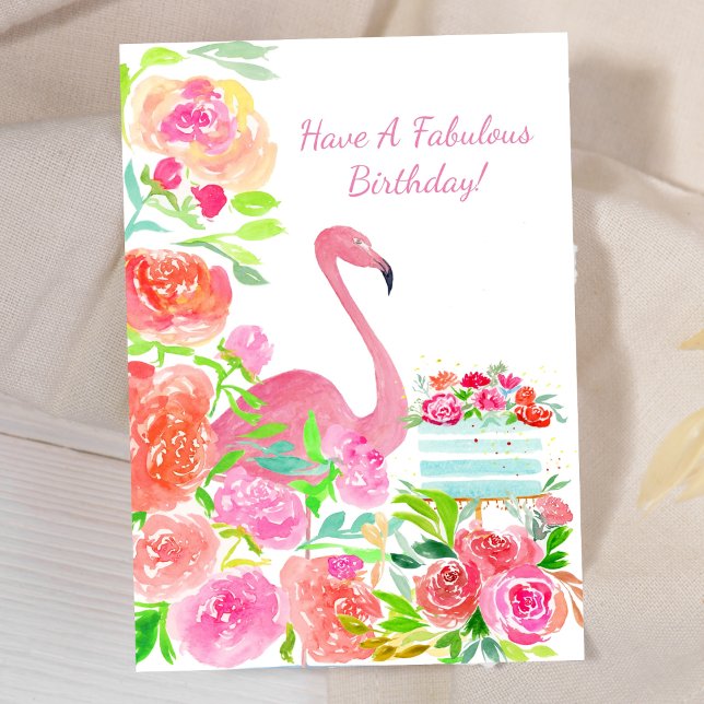 Watercolor Flowers, Flamingo And Cake Birthday Card (Creator Uploaded)