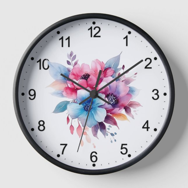 Watercolor Flowers Floral Design Clock (Front)